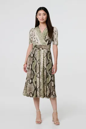 Snake Print 1/2 Sleeve Jersey Midi Dress