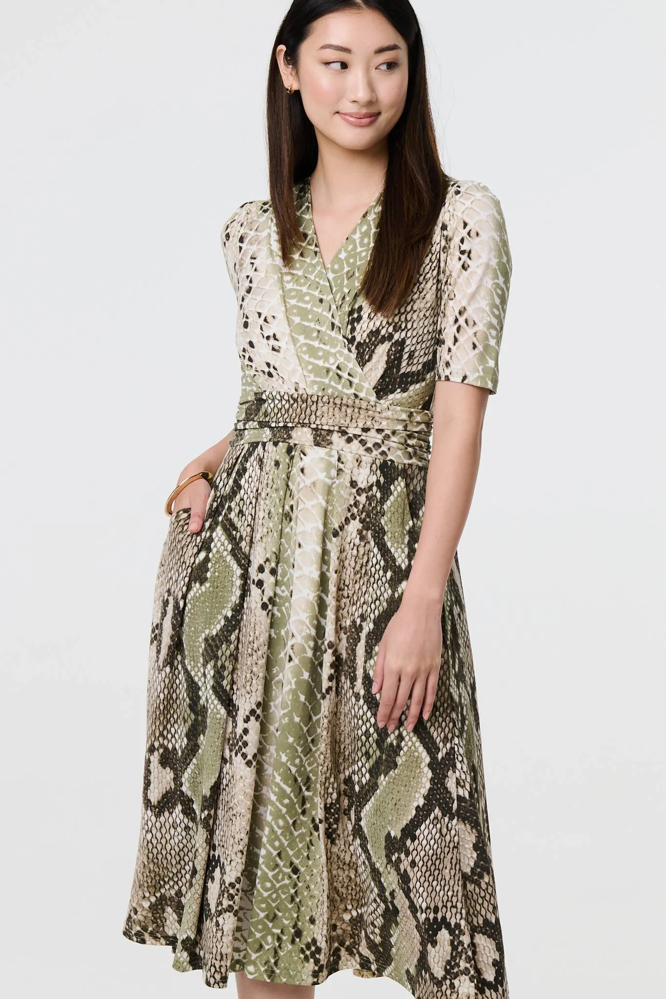 Snake Print 1/2 Sleeve Jersey Midi Dress