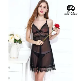 V-Neck Full Slip Lace Babydoll Nightgown