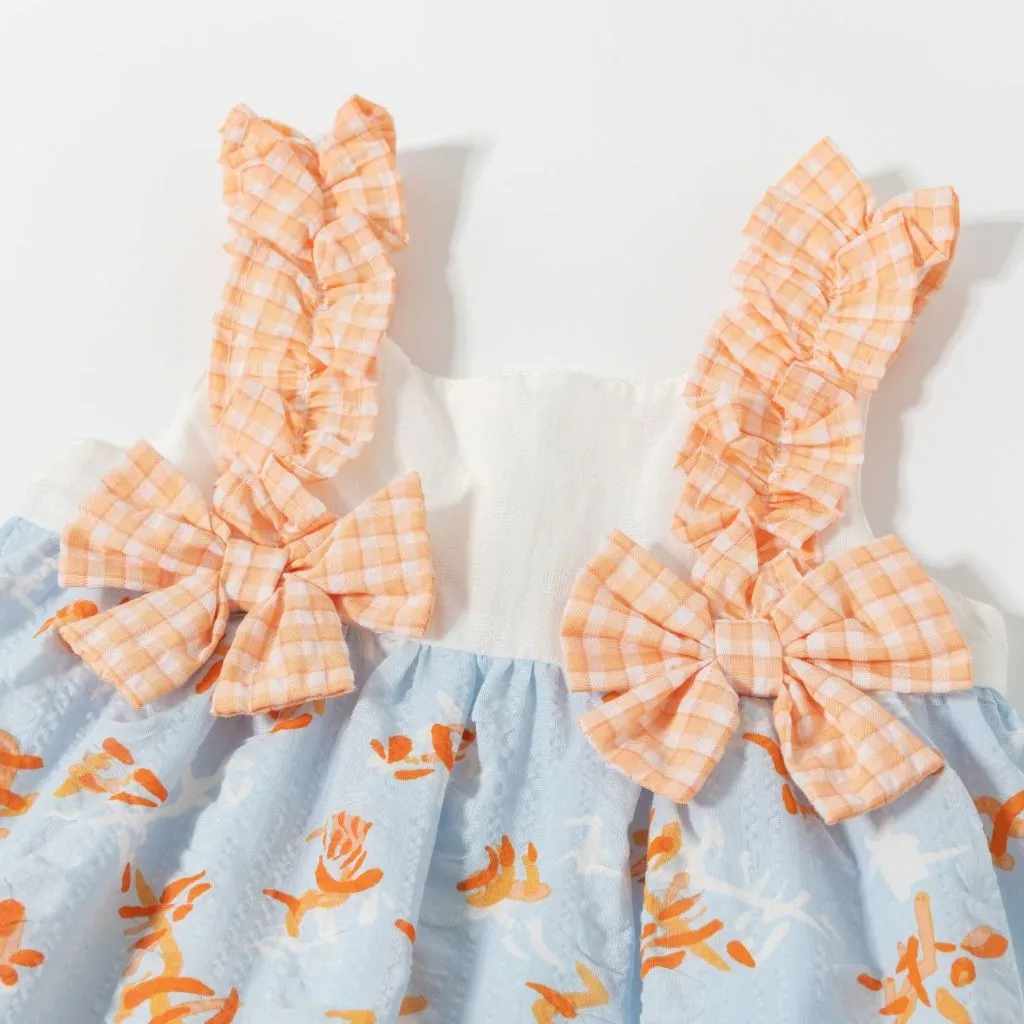 VESTIDO BEBE AZUL CON ESTAMPADO NARANJA