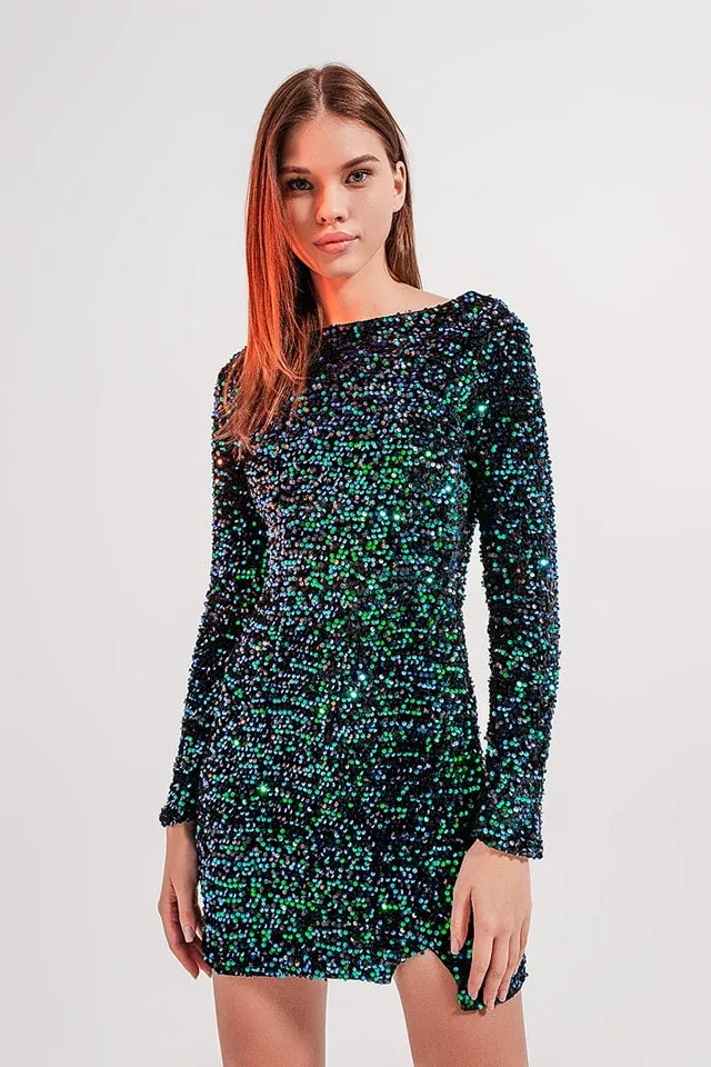 VESTIDO CORTO VERDE CON NEGRO  CON DISEÑO ADORNADO DE LENTEJUELAS