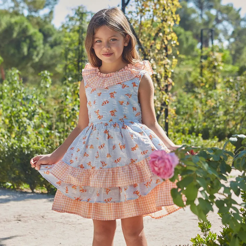 VESTIDO DE NIÑA EN AZUL CIELO Y NARANJA