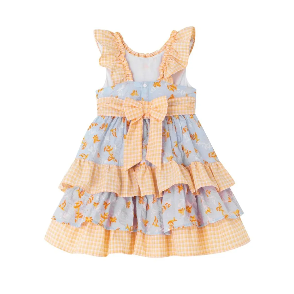 VESTIDO DE NIÑA EN AZUL CIELO Y NARANJA