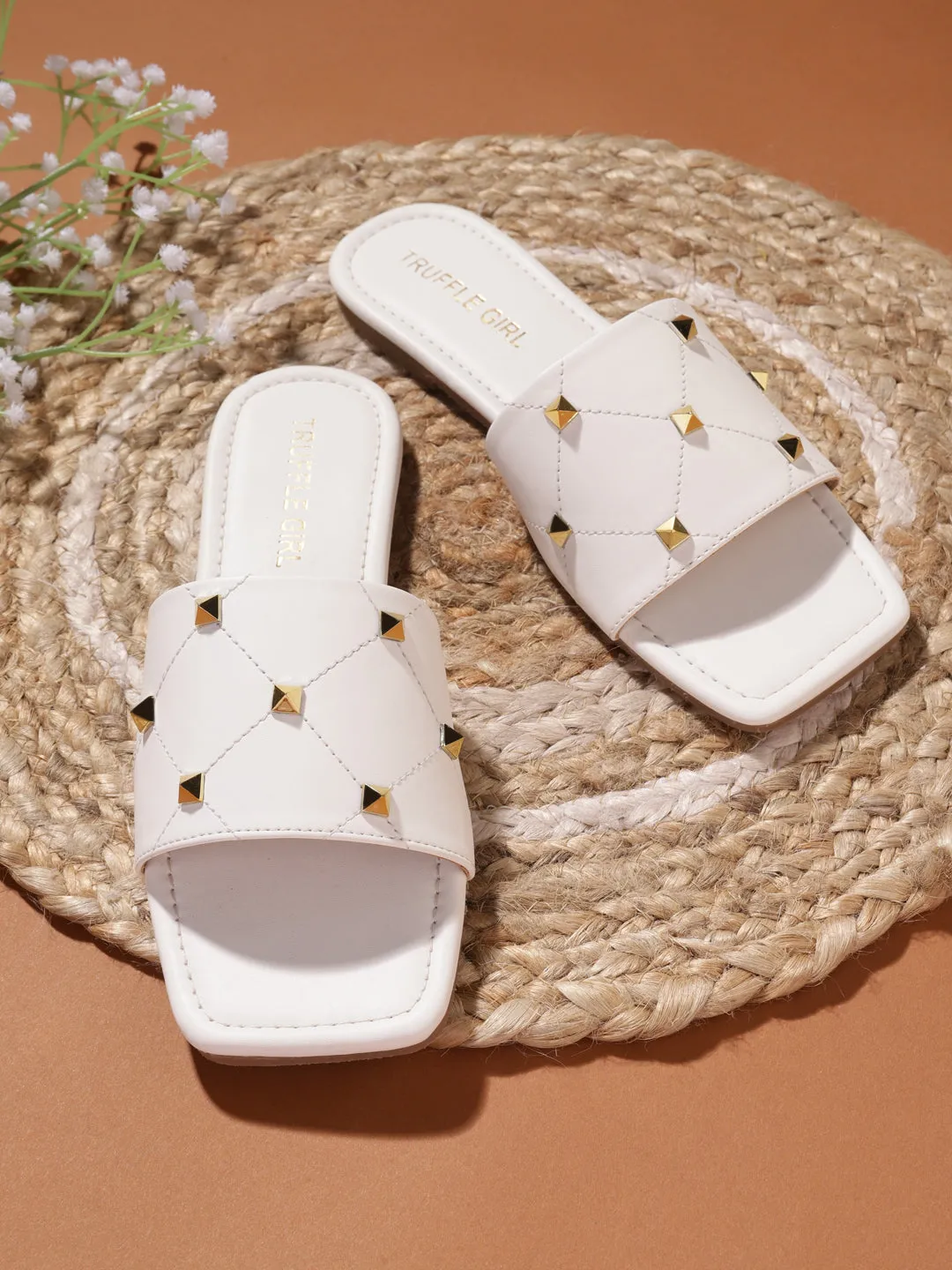 White PU Studded Slides (TC-RLST8-WHT)