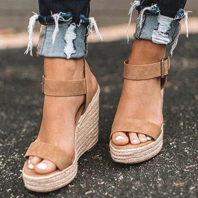 Women platform  espadrille wedge sandals peep toe buckle ankle strap sandals