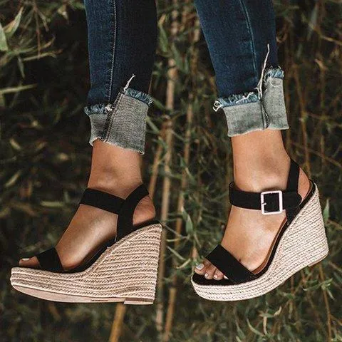 Women platform  espadrille wedge sandals peep toe buckle ankle strap sandals