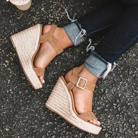 Women platform  espadrille wedge sandals peep toe buckle ankle strap sandals