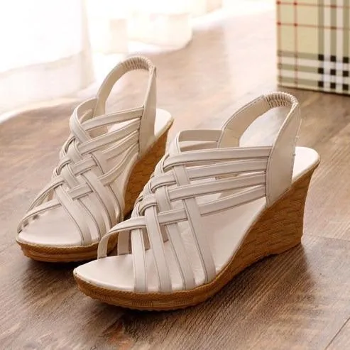 Women sexy peep toe slingback elastic strap wedge sandals