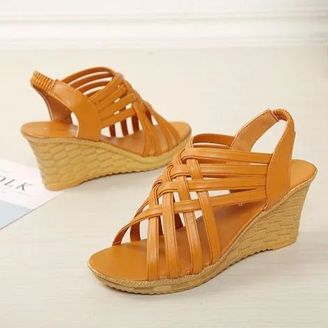 Women sexy peep toe slingback elastic strap wedge sandals