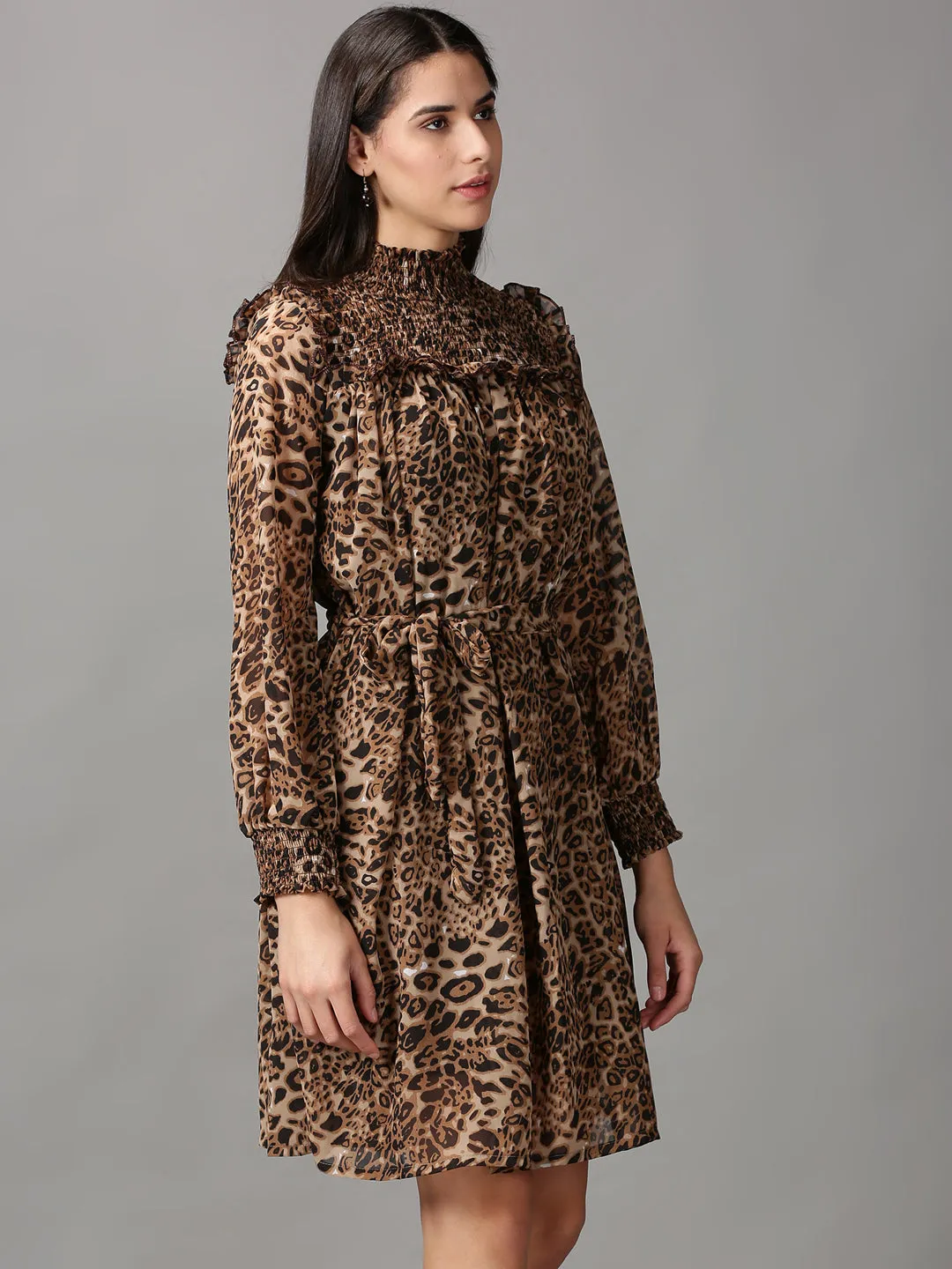 Women's Brown Printed Fit and Flare Dress