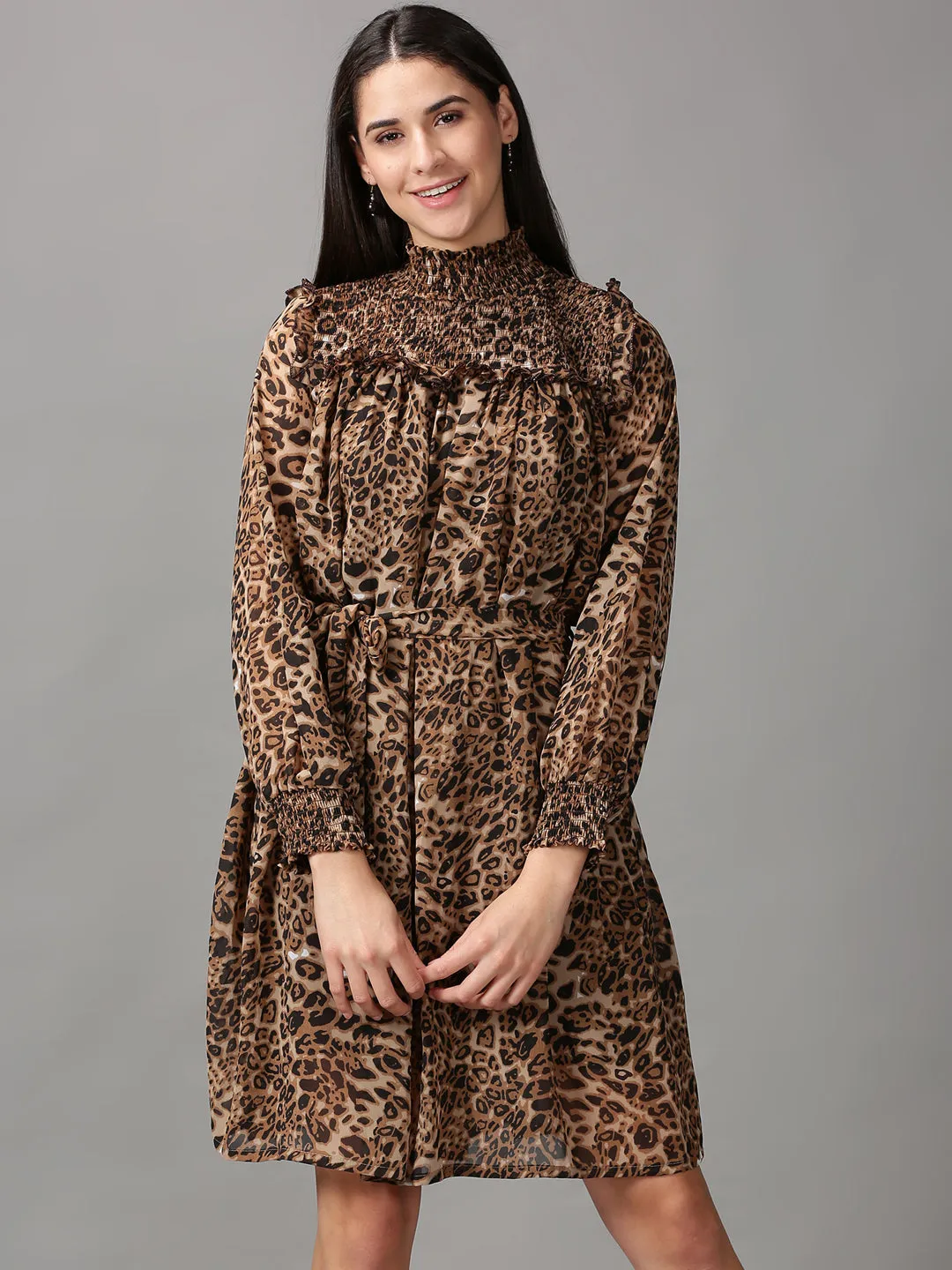 Women's Brown Printed Fit and Flare Dress