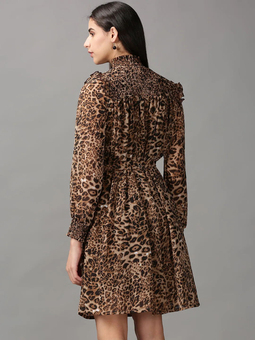 Women's Brown Printed Fit and Flare Dress