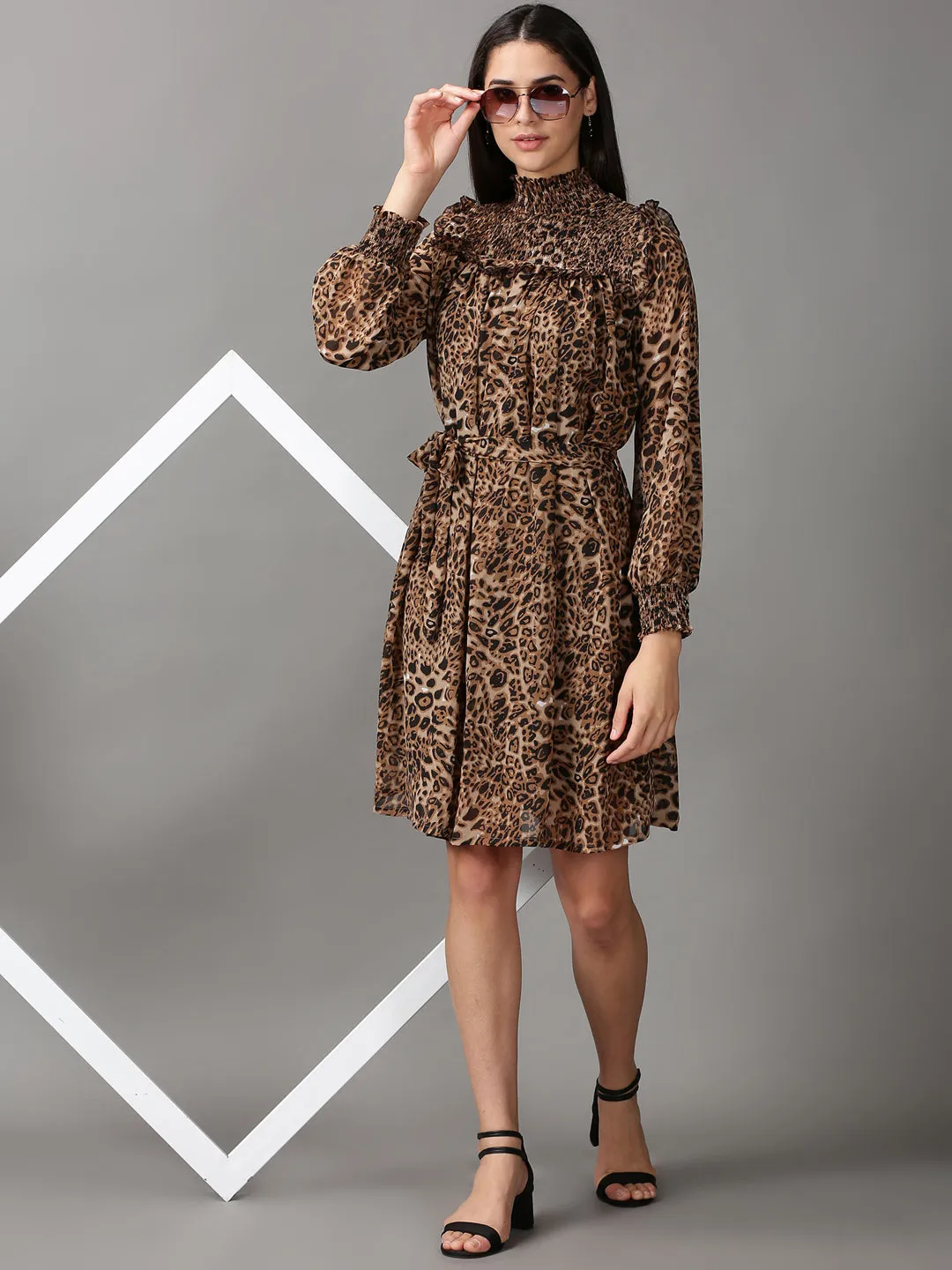 Women's Brown Printed Fit and Flare Dress